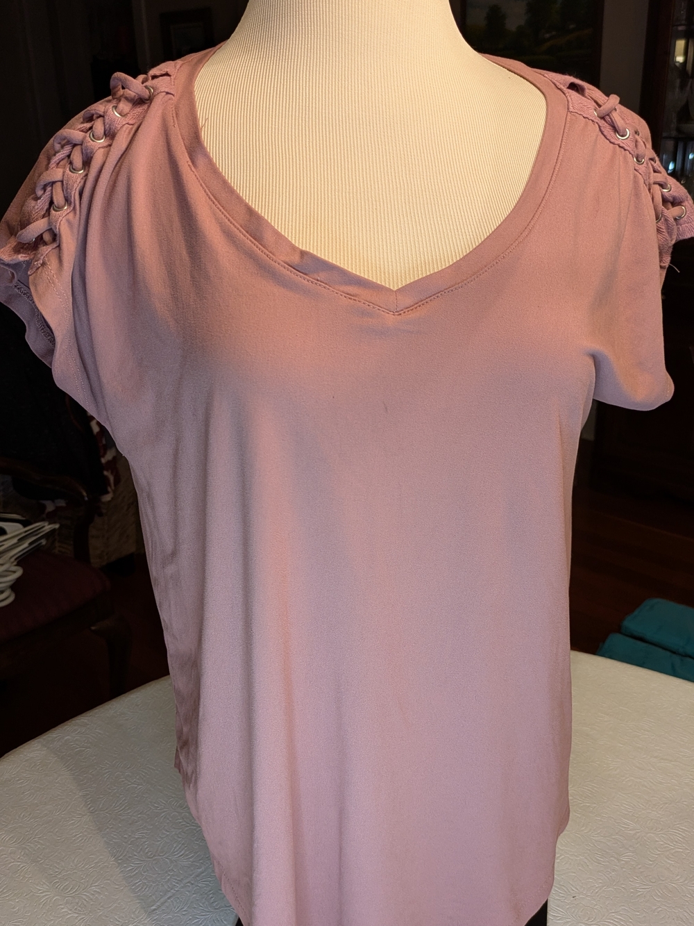 Pink Republic Mauve Lace-Up Shoulder V-Neck Tee